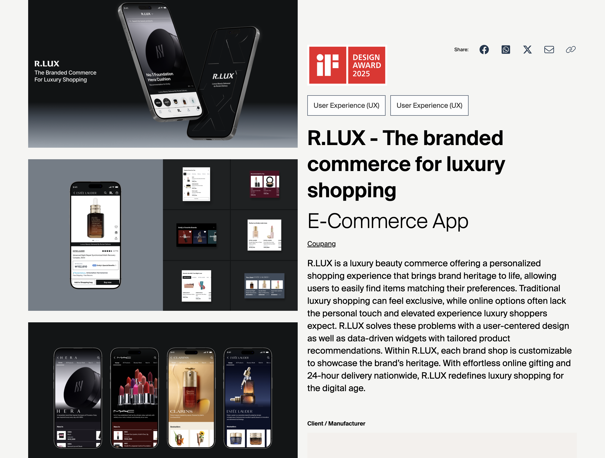 R.LUX — iF Design Award winner page showing app screens and write-up